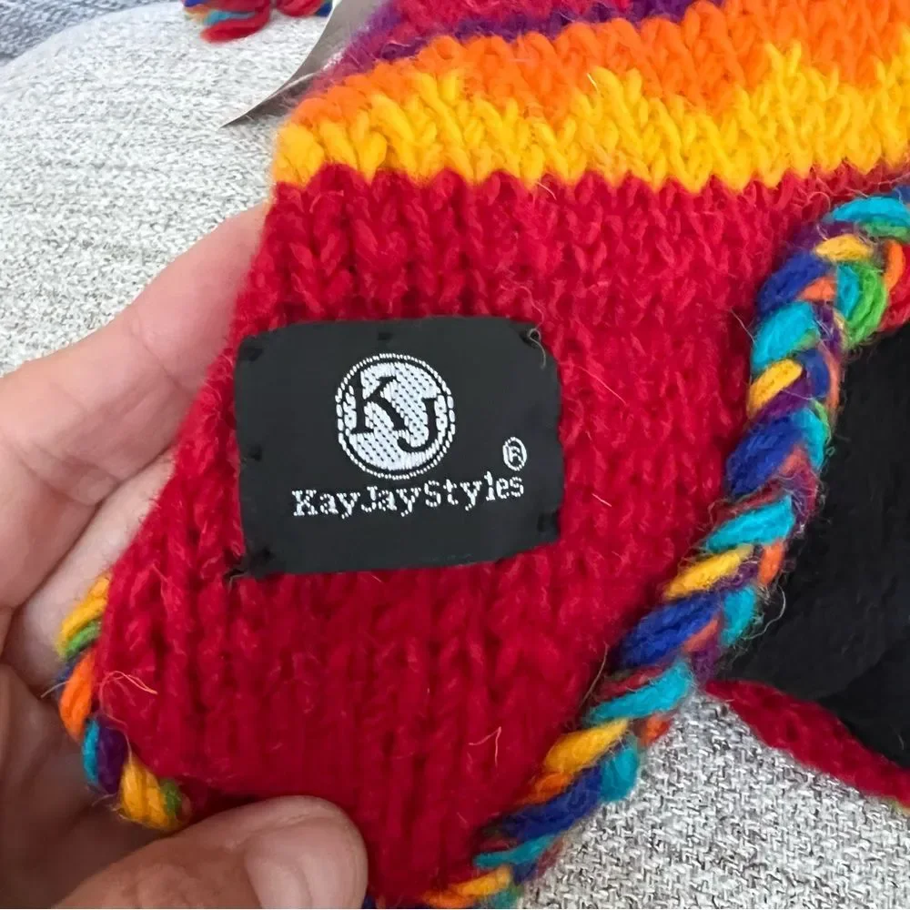 Wool Rainbow Nepal Hand Knit Ear Flaps Beanie